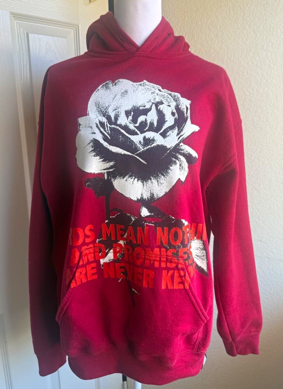 Broken Promises Men's Red Rose Graphic Logo Fleece Pullover Hoodie Pockets M